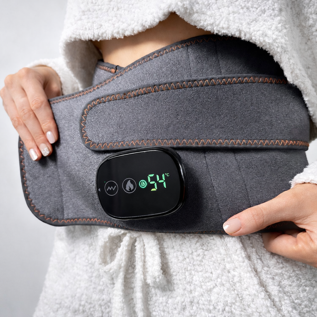 Frau sitzt entspannt mit GesundHeat Rueckenguertel waerend waerme therapie zur schmerzlinderung und entspannung