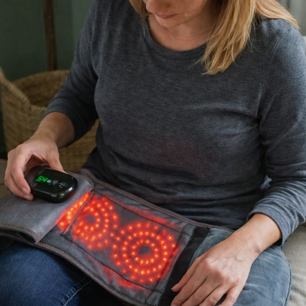 Frau sitzt auf Stuhl mit GesundHeat Rueckenguertel auf dem Schoß und schaut die infrarote Heizseite zur Demonstration der Waermefunktion an