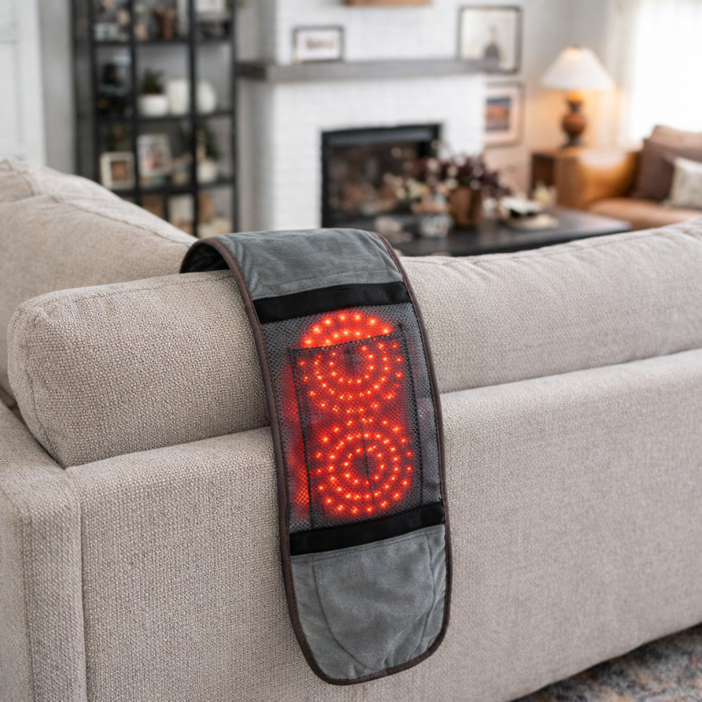 GesundHeat Rueckenguertel liegt ueber der Couchlehnung in der Wohnstube mit sichtbarer infraroter Heizseite zur Demonstration der Waermefunktion