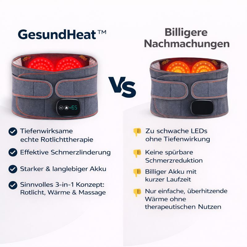 einen Vergleich von GesundHeat mit anderen waermeguerteln und therapiegeraeten mit Hinweisen zu Vorteilen wie bessere Schmerzlinderung hoehere Effizienz und besondere Funktionen