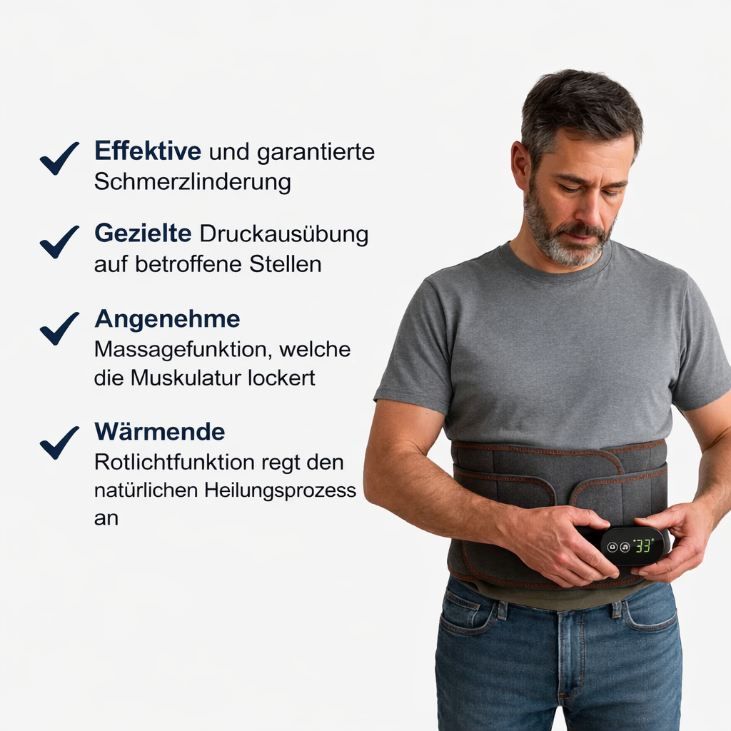 Mann traegt einen Infrarot Heizgurt am Ruecken mit digitalem Display zeigt 33 Grad und Textliste zu effektiver Schmerzlinderung gezielter Druckausuebung angenehmer Massagefunktion und waermender Rotlichtfunktion
