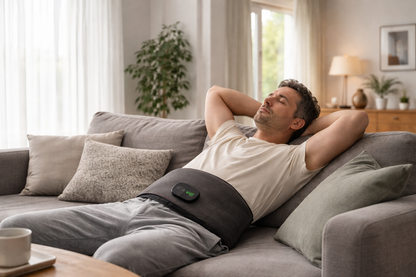 Mann sitzt auf der Couch entspannt und traegt den GesundHeat Rueckenguertel zur Waerme Therapie und Schmerzlinderung am Ruecken