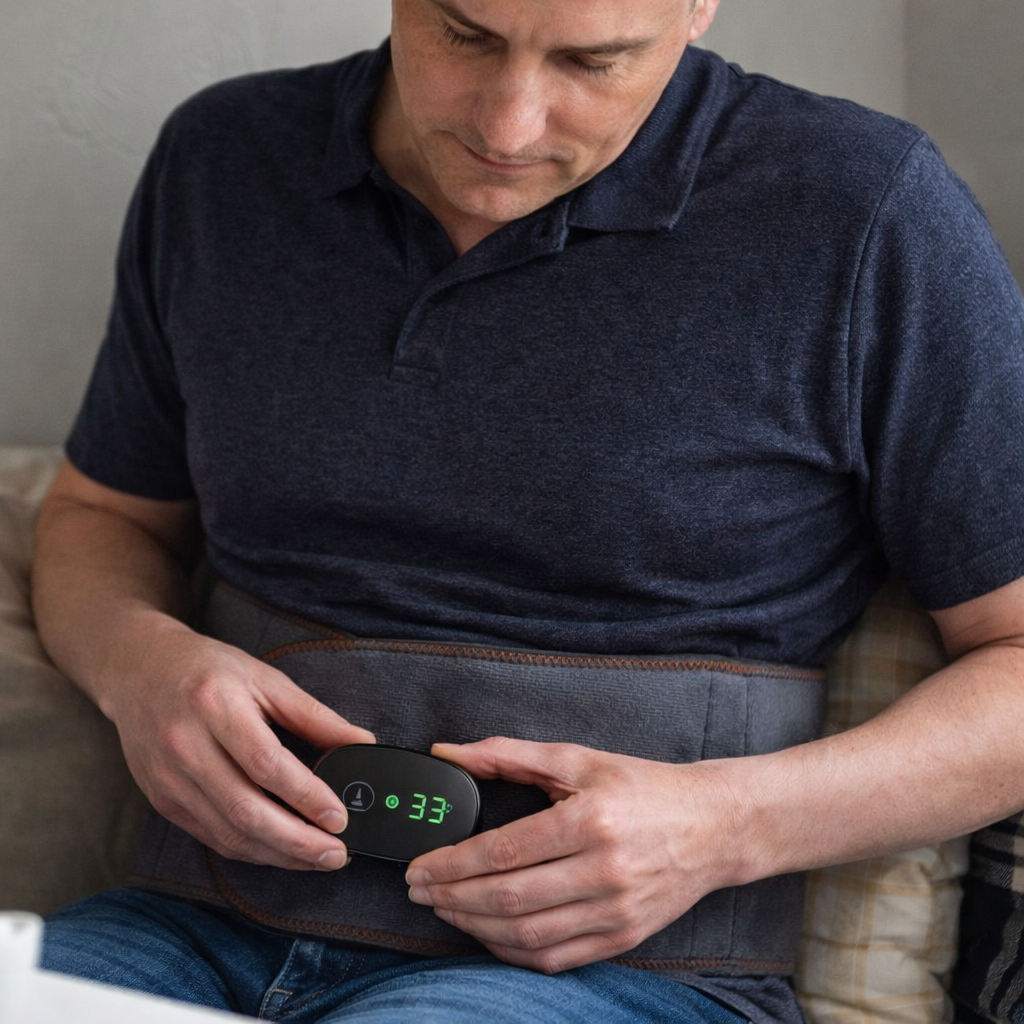 Mann sitzt auf Stuhl und traegt den GesundHeat Rueckenguertel zur Schmerzlinderung und Entspannung am Ruecken